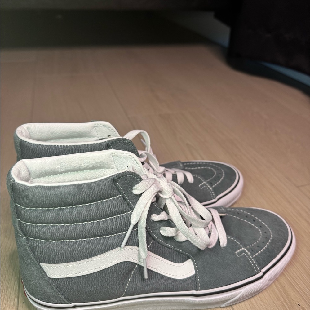 Vans Gray and White High-Top Sneakers with Signature Jazz Stripe